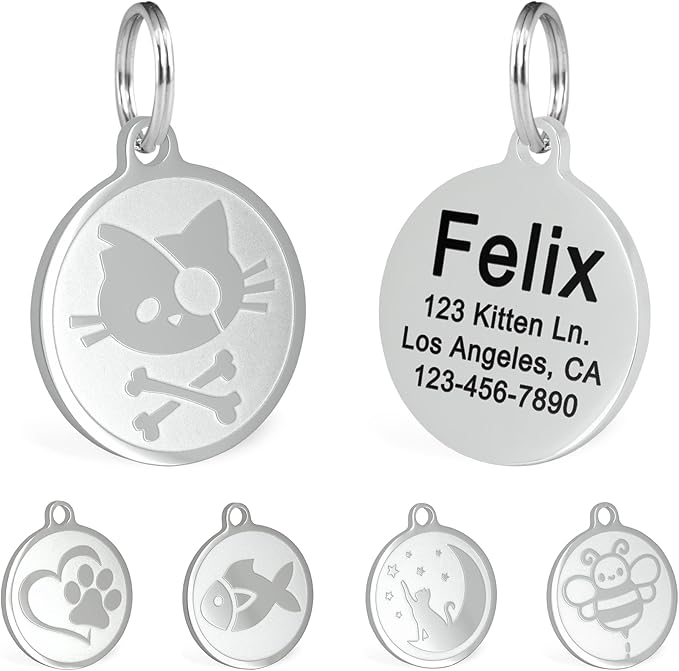 Ultra Joys Engraved Cat Name Tags Personalized - Stainless Steel Name Tag Pet Identification - Small Dog ID Tags Personalized for up to 4 Lines of Text - Pet ID Tags for Cat Collar - Pirate