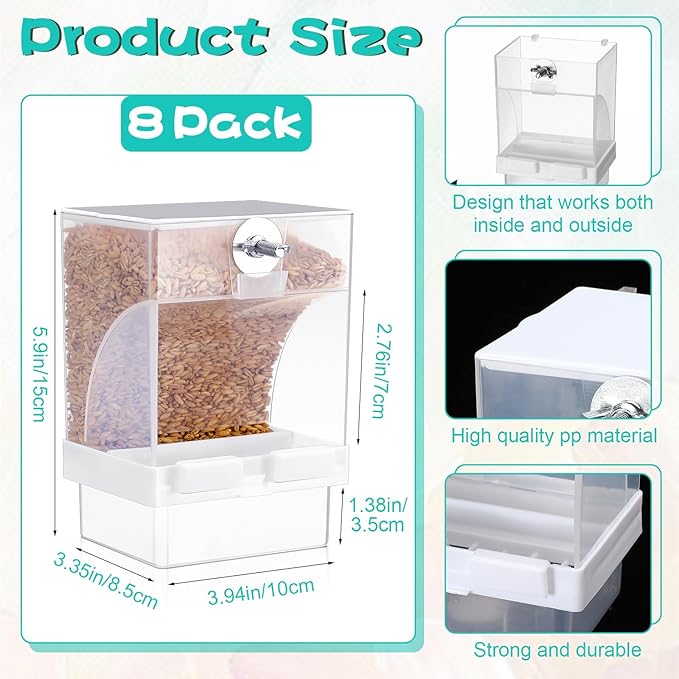 GlikCeil 8 Pcs No Mess Bird Feeder Parrot Automatic Feeder Bird Seed Container Water Dispenser for Parakeet Seed Food Container Cage Accessories for Canary Cockatiel Finch
