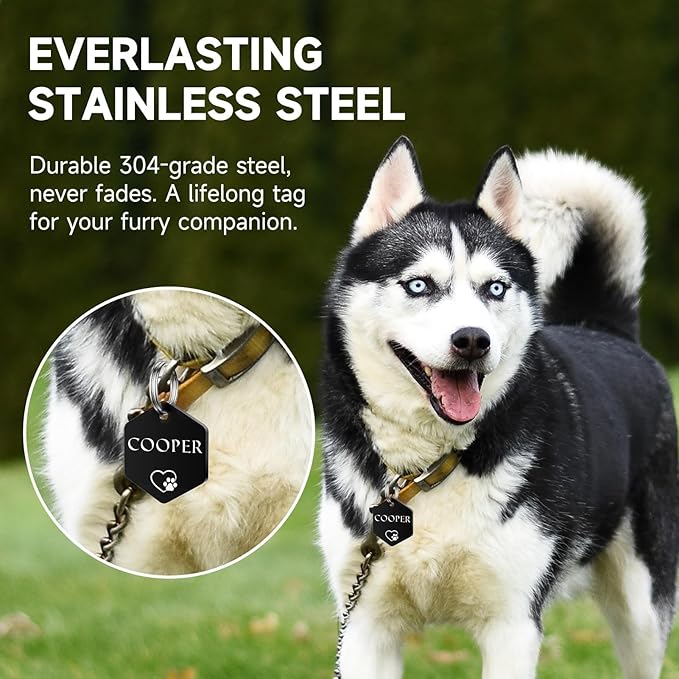 YEHANTI Dog Tags Engraved for Pets - Personalized Dog Tags with Lovely Icons, Durable Stainless Steel Pet ID Tags for Small Large Dogs Cats, Hexagon Custom Dog Name Tags Engraved on Both Sides, Small