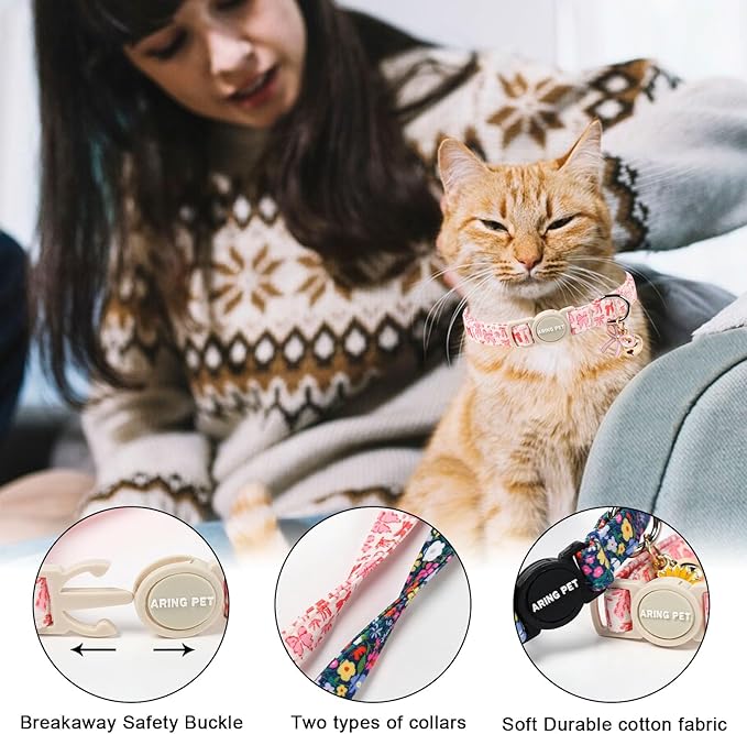 ARING PET 2 Pack Cat Collar, Breakaway Kitten Small Cute Pink Floral Bow Collars with Bells for Girl Female Cats