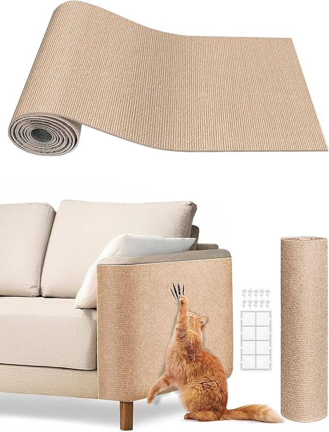 Cat Scratch Mat Furniture Protector, Eco-Friendly DIY Trimmable Self-Adhesive Cat Scratching Pad, Couch Wall Sofa Guard, Reusable Claw Scratching Protector 78.7"x15.8" (Beige)