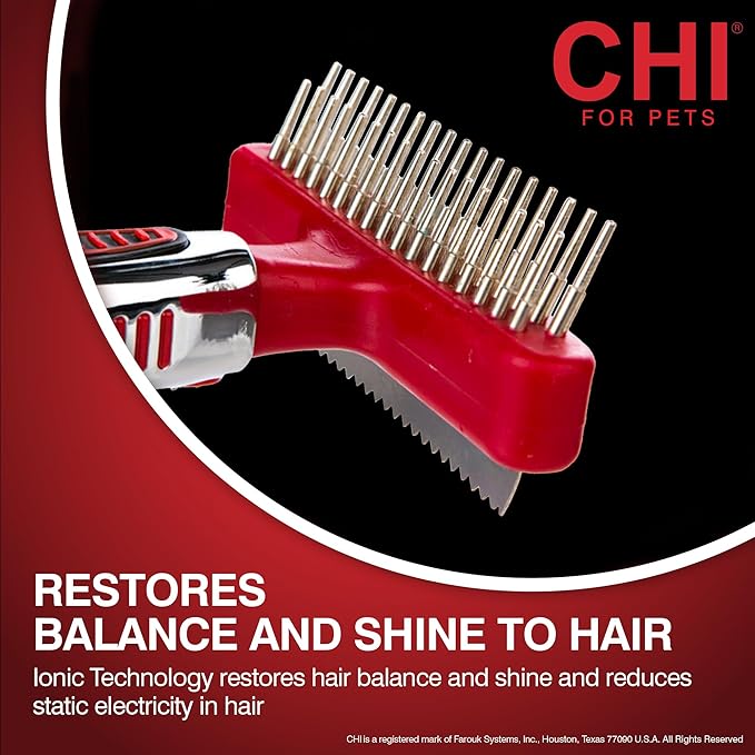 CHI for Dogs Double-Sided Shedding Rake and Blade, 2-in-1 Grooming Tool for Dematting, Deshedding, and Undercoat Removal, Ionic Technology, Ergonomic Soft Grip Handle, All Coat Types, Red