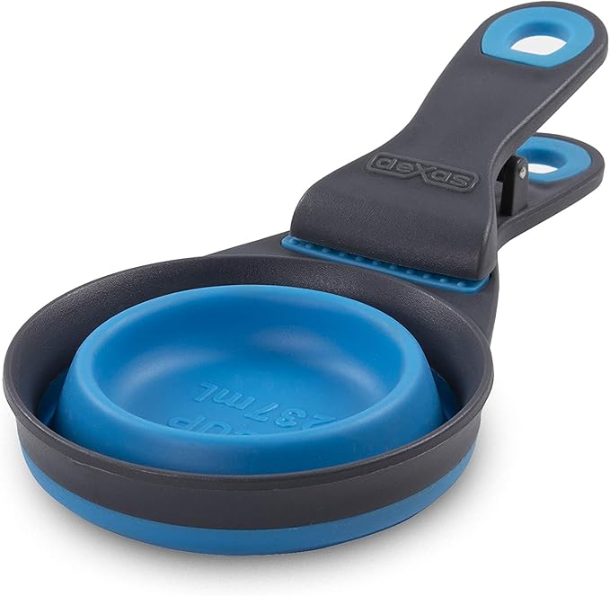 Dexas Pets Collapsible KlipScoop Collapsible Dry Dog Food Scoop and Dog Food Bag Clip, 1 Cup Capacity, Pro Blue