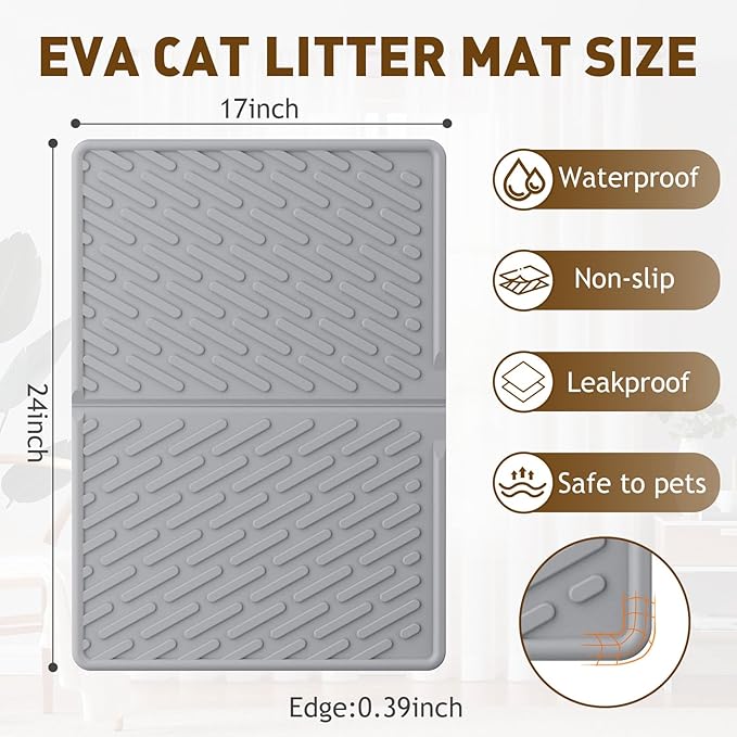 Cat Litter Mat with Grooves & Raised Edge, Urineproof/Waterproof, Foldable, Litter Scattering Control, Easy to Clean & Recycle (24 * 17in-Grey-1 Pack)