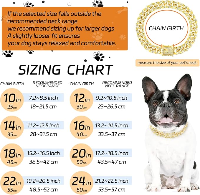 Gold Dog Chain Diamond Collar Walking Metal Chain Collar with Design Secure Buckle Pet Collar Jewelry Accessories Dog Necklace for Small Medium Large Dogs Cats (Gold,12 Inch)