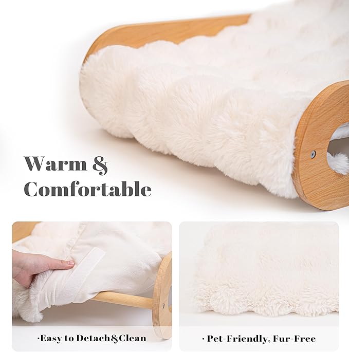 CHEERHOME PETS Elevated Cat Couch Bed for Indoor, Wooden Cats Sofa with Washable Fluffy Cover Raised Kitty Lounge Chair Suitable for Puppy(Cat Lounge Off-White)