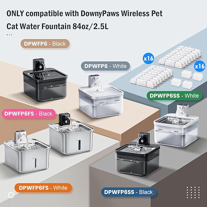 16 Packs Replacement Filters for DownyPaws Battery Operated Cat Water Fountain DPWFP6, 8 Months Set of Replacement Filters for DownyPaws 84oz/2.5L Fursink Wireless Pet Water Fountain