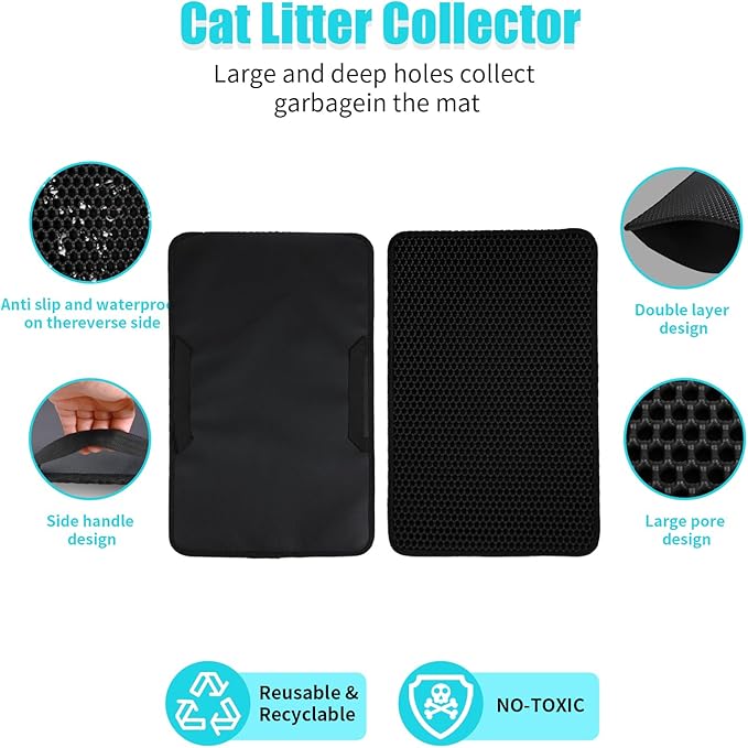 Cat Litter Mat, Kitty Litter Collector, Double Layered Honeycomb Design Waterproof, Anti Urine, Anti Slip, Easy to Clean, Limit Garbage (30"x24", Black)