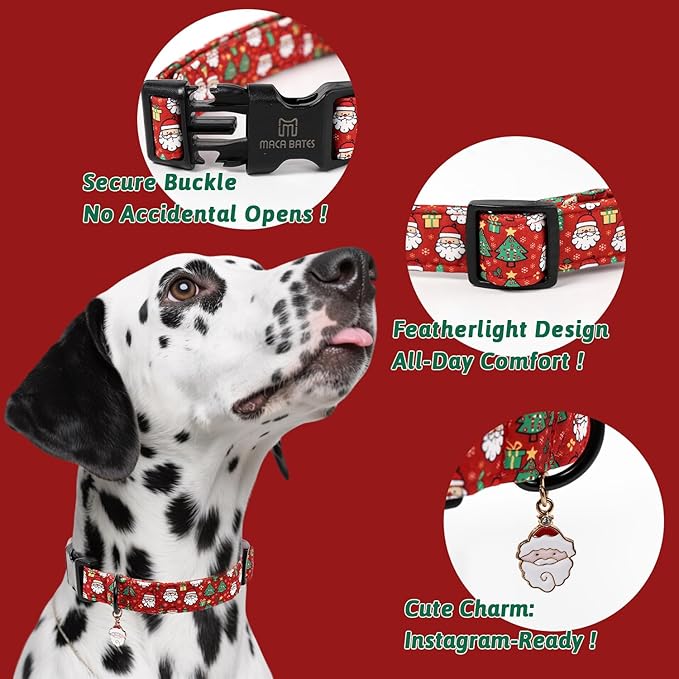 Maca Bates Christmas Red Basic Dog Collar for Large Girl Boy Dogs with Santa Charm Christmas Tree Pattern Soft Adjustable Durable Collars,Winter Gift for Male Female Puppy Pet