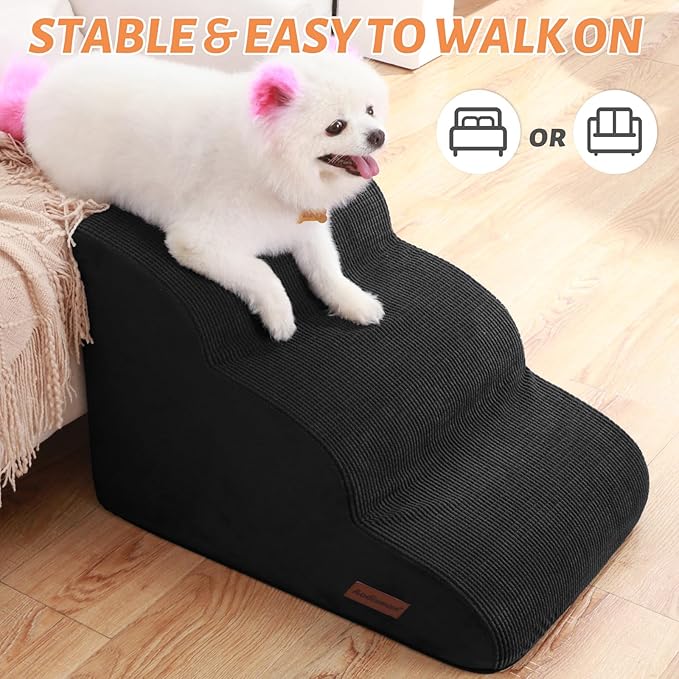 3-Step Dog Ramp and Stairs for Sofa and Chair - Non-Slip Sturdy Pet Steps for Small Dogs and Cats,15.7" H,Black