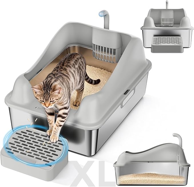 GTPLAYER Stainless Steel Cat Litter Box XL - Extra Large High-Sided Open-Top Metal Litter Box for Large & Multi-Cat Homes, Splash Guard, Low Entry, Easy Clean 304 Steel with Step, Mat & Scoop, Beige
