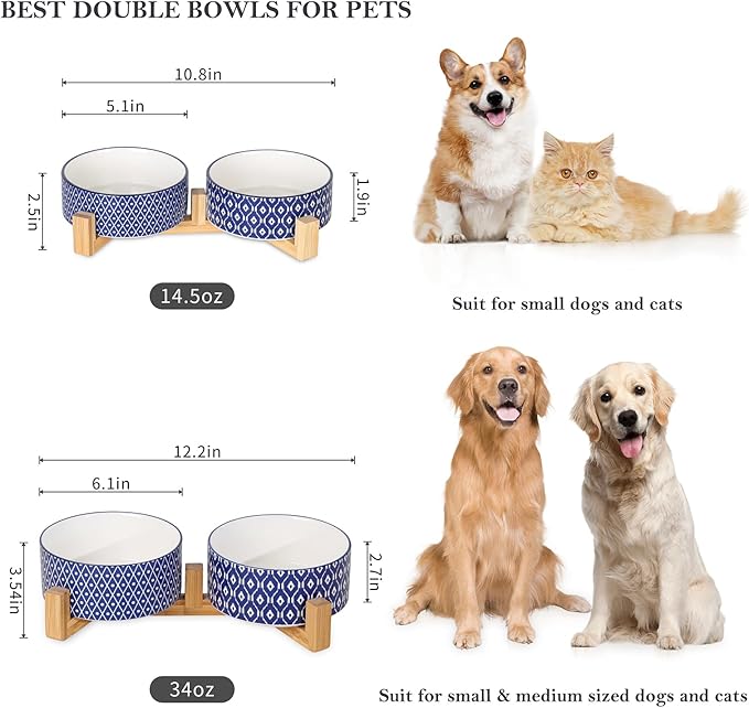 Selamica Ceramic 30 OZ Dog Bowls, Dog Food and Water Bowls with Wooden Stand, Anti-Slip Dogs Dishes Set for Cats Small & Medium Sized Dogs, Weighted Pet Bowls Set of 2, Vintage Blue A
