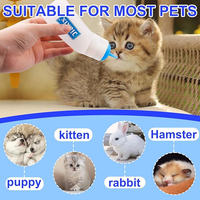 3 Pack Kitten Silicone Nursing Bottle,Silicone Feeding Nipple, Reusable Newborn Supplies, Suitable for Feeding Kitten, Puppy, Rabbit, Hamster (Blue, Medium)