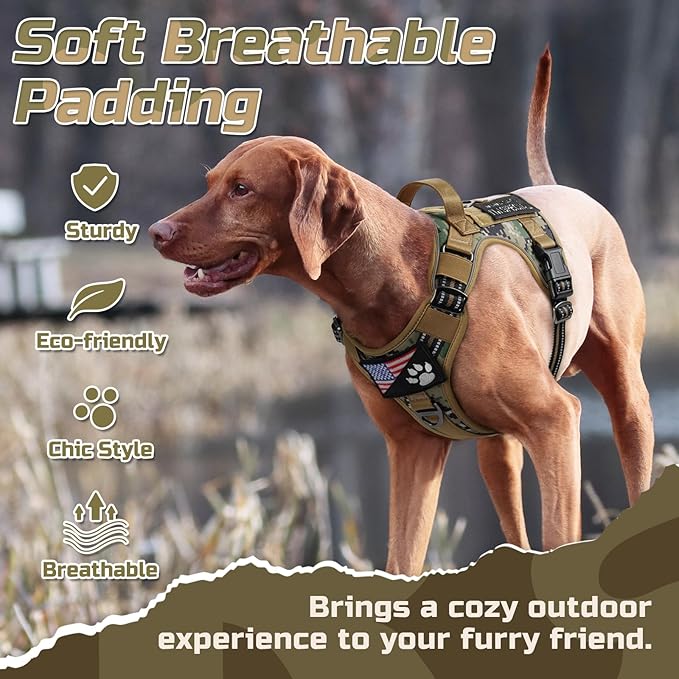 rabbitgoo Tactical Dog Harness for Large Dogs, No Pull Military Service Vest with Handle & Molle, Easy Control for Training Walking, Adjustable Reflective Straps, Brown camo, L