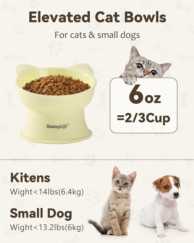 MateeyLife Elevated Cat Bowls, 2P Raised Food and Water Bowl Set for Indoor Cats & Small Dogs, Whisker Fatigue Cat Bowl, Anti Vomit Feeding Pet Bowls, 6 oz Each, Dishwasher Safe - Blue & Yellow
