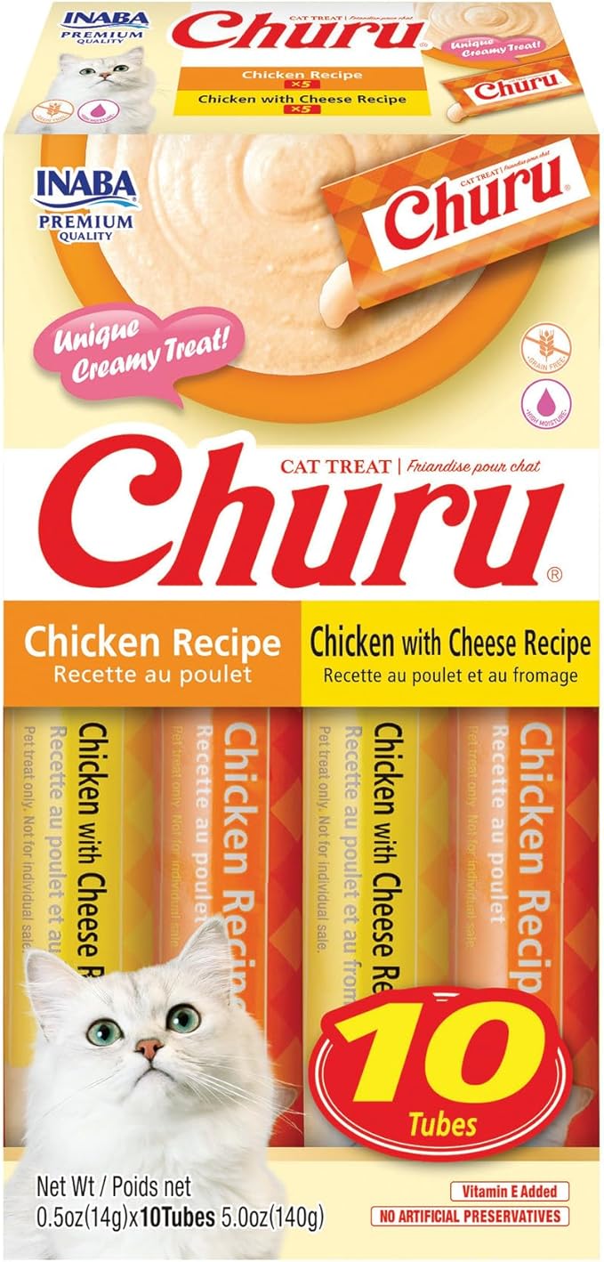 INABA Churu Cat Treats, Lickable Purée Treat/Topper with Vitamin E, 5 Chicken Recipe, 5 Chicken with Cheese Recipe