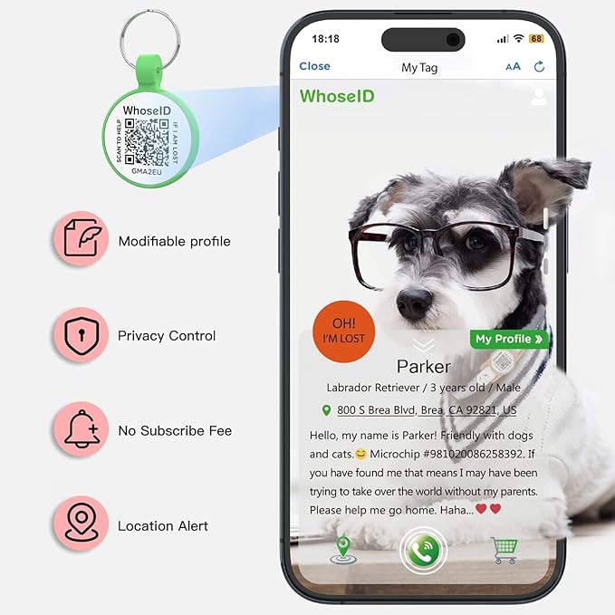 WhoseID QR Code Cat Tag, Modifiable Pet Online Profile Page, Multiple Emergency Contact, Silent Silicone, Lightweight, No Jinging, Collar Accessories, QR Cat ID Tag (Small Breeds - 1", Green)