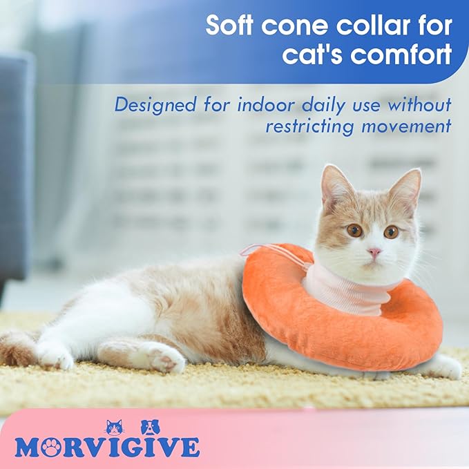 Cat Cones to Stop Licking, Adjustable Neck Soft Elizabethan Collar After Surgery, Comfortable & Lightweight Cute Kitten Donut Collar for Head/Foot Wounds Recovery, Orange Small