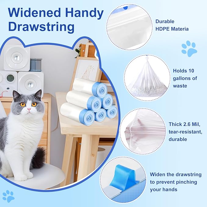 Thicken Cat Litter Bags 120 Pack, cat litter box liners, Leakproof Poop Bags & Waste Bags - Ultimate Odor Control and Leakproof Design,6 Rolls Drawstring Trash Bags for Automatic Litte(27x13 inches