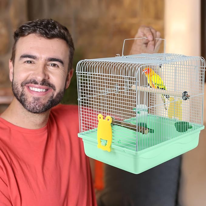 Portable Bird Cage for Small Birds - Green Bird Cage for Travel, Going Out, Walking to the Vet with Station Pole Food Box Water Fountain