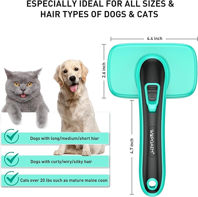Self Cleaning Slicker Brush for Dog, Cat, Skin Friendly Shedding & Grooming Tool for Long and Short Haired Pets, Easy Clean Retractable Bristles, Green