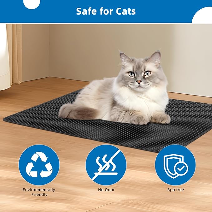 Cat Litter Mat for Indoor Cats Eva Double-Layer Litter Box Mat Washable for Easy Cleaning Cat Rug Collects Litter and Prevents Liquid Leakage (Gray, 23.6×35.4inch)