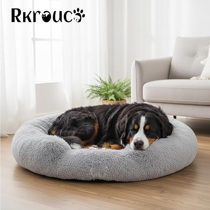 Fluffy Dog Bed Calming Donut Beds for Large Dogs Warming Round Small Medium Pet Nest Cozy Cat Mattress Indoor Washable Puppy Kennel Kittens Sleep Mat (L, 35.4×35.4 inch, Gradient Gray)