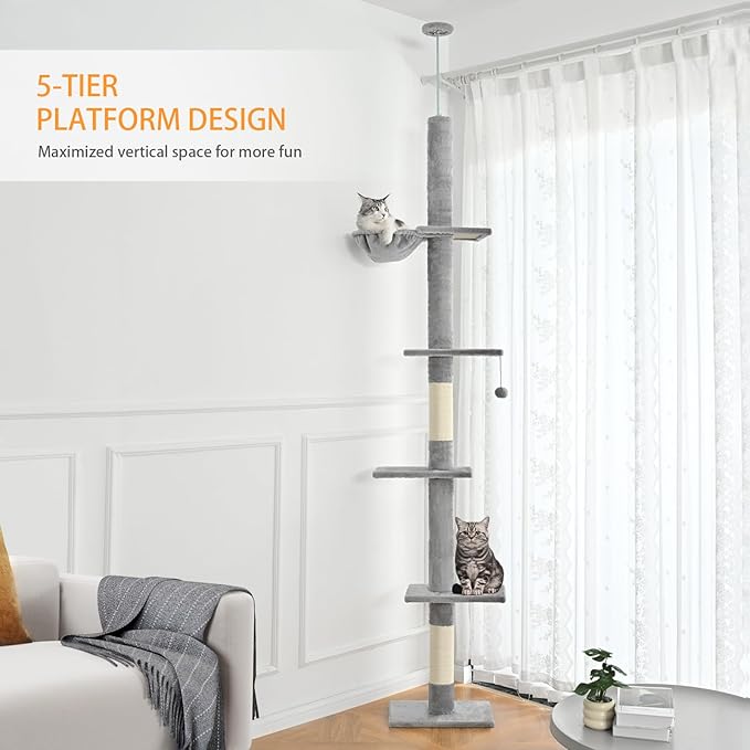 Floor to Ceiling Cat Tree,5 Tiers Tall Cat Tower with Adjustable Height(98-110),Cat Tree Floor to Ceiling with Cozy Hammock,Sisal Scratching Posts,Platforms,and Hanging Balls for Large Cats