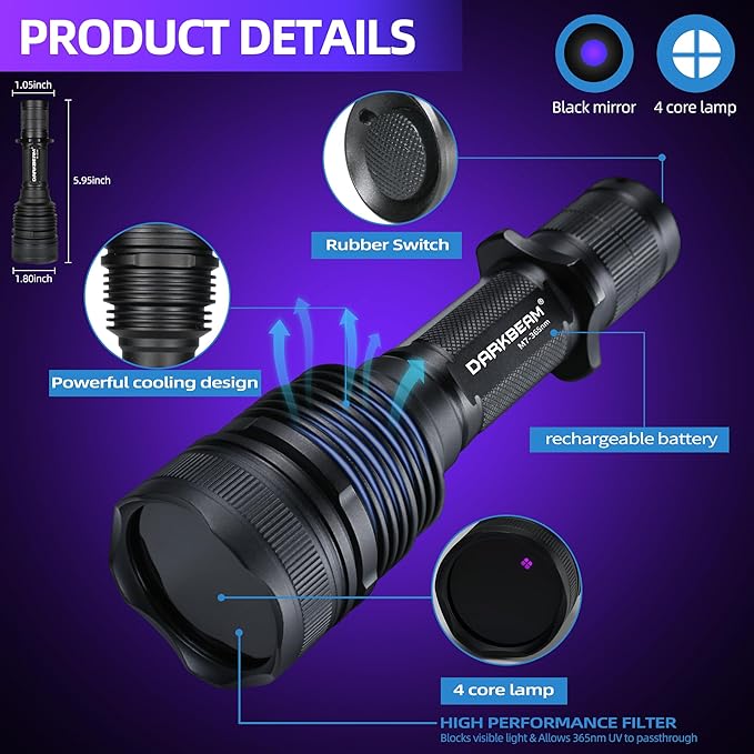 DARKBEAM UV Flashlight 365nm Black Light - Woods Lamp 20W High Power Rechargeable Ultraviolet Light with Filter - Detector for Pet Urine & Leak, Resin Curing, Blood Tracking, Searching Rocks/Scorpion