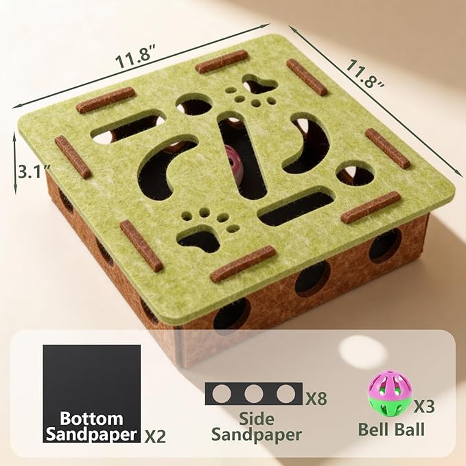 Felt Cat Nail File Enrichment Box, Soft Scratch Puzzle with Sandpaper Surface, Stress Free Nail Care Alternative, Interactive Maze Scratcher with Bell Ball for Indoor Cats