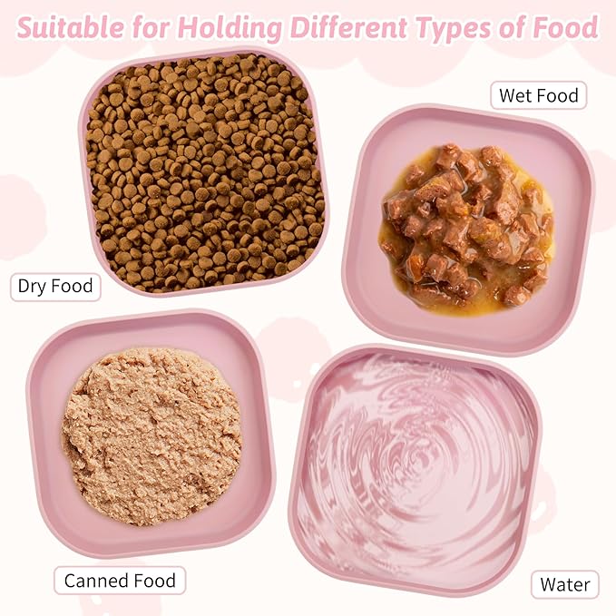 Fhiny 2PCS Silicone Cat Bowls Set 7.1 x 7.1 in Shallow Dog Dish Whisker Friendly Cat Food Plate for Dry & Wet Food Dishwasher Safe Non-Slip Pet Feeding Bowls for Kittens and Puppies (Pink)
