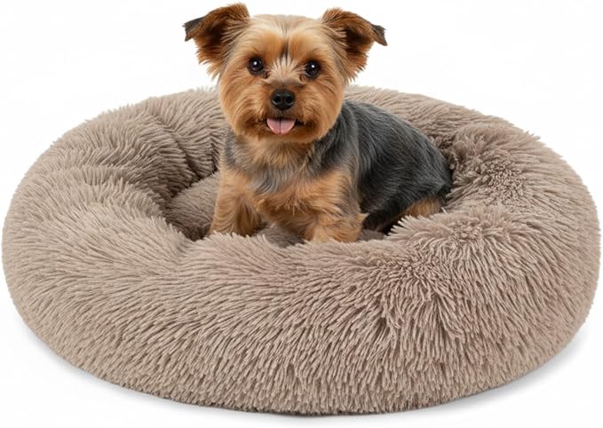PetAmi Calming Dog Bed for Small & Medium Dogs and Cats, 23 Round Donut Dog Bed, Washable Fluffy Faux Fur Puppy & Cat Bed, Anti-Anxiety Plush Cuddler Pet Bed with Anti-Slip Bottom - Taupe