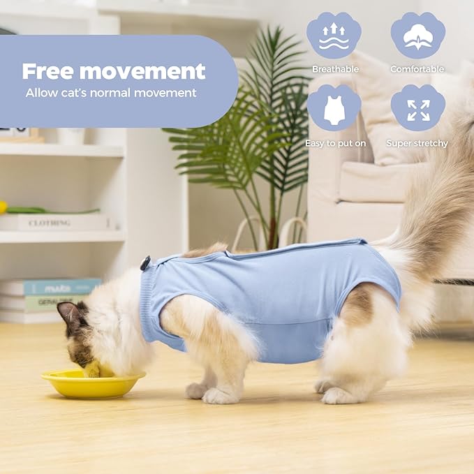 Avont Cat Recovery Suit Female Kitten After Spay Surgery, Breathable Modal Cotton Cat Onesie for Wound & Skin Disease Care, Machine Washable -Blue(L)