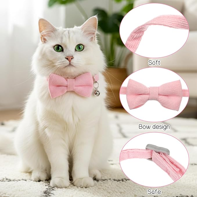 Pink Cat Collar with Bow, Adjustable Breakaway Cat Collars for Girl Cats, Pink Kitten Collar with Bell, Cute Bow Kitten Collars Girl