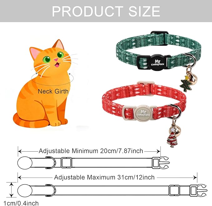 2 Pack Cat Collar, Cute Christmas Red and Green Tree Breakaway Kitty Collar with Bell&Pendent, Soft Adjustable Safety Cat Collar for Female Male Cats