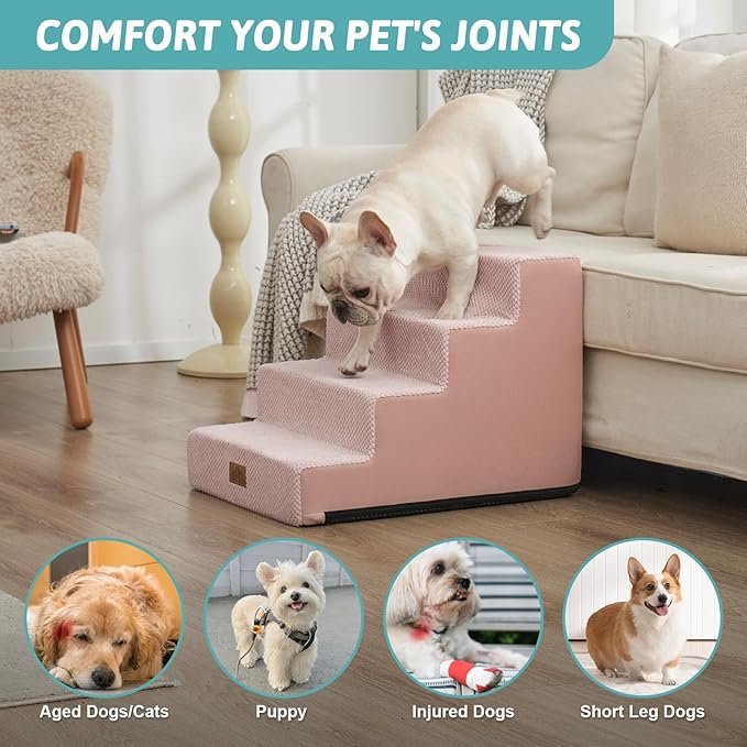 Dog Stairs for Small Dogs, 17.7" Extra Wide Right-Angle Pet Stairs for Couch and Beds, Anti-Slip Dog Steps for Old Cats and Lowrider, 17.7x23.6x17.7 inch, Pink