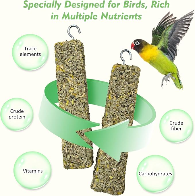 Fhiny 3 PCS Parakeet Treats, Natural Cockatiel Food Eucalyptus Leaves Mixed Grains Parrot Snack Sticks Bird Treats for Budgerigars Lovebirds Canaries Conurus Finches