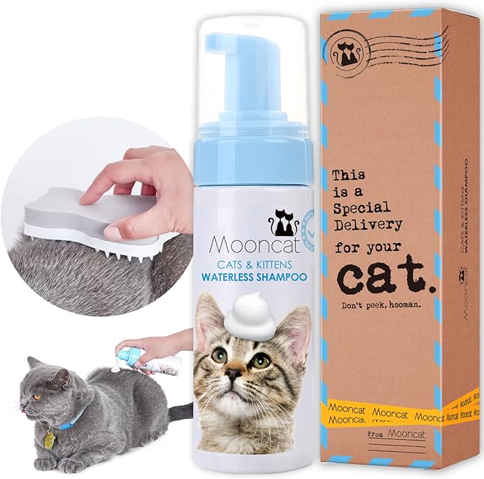 Mooncat Cat Grooming Essentials Bundle – Waterless No-Rinse Foam Shampoo with Brush (5oz) + Cat Ear Cleaner Finger Wipes (40ct) | Licking Safe, Paraben-Free, Dander Reducing & pH Balanced | Deep Ear W