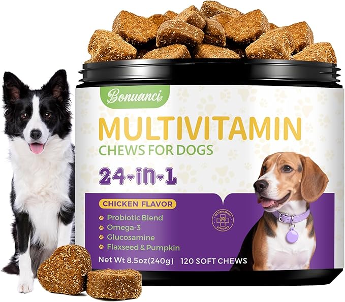 Dog Multivitamin Supplement for Dogs Vitamins Chewable Contain Glucosamine, Vitamin, Probiotics, Omega-3 for Puppy Supplies Skin Coat, Heart, Hips & Joints, Digestion & Immune System 120pcs
