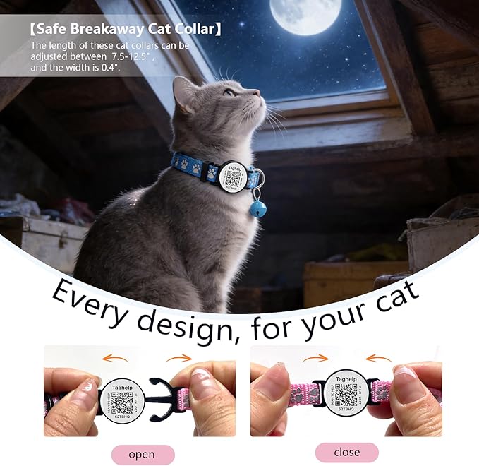 Cat Collar Breakaway with QR Code Name Tag, Reflective Kitten Collars with Bell, Cat ID Tag Personalized, Ultra-Durable, Adjustable, Quick Release, Fits Most Girl Boy Small Large Cats
