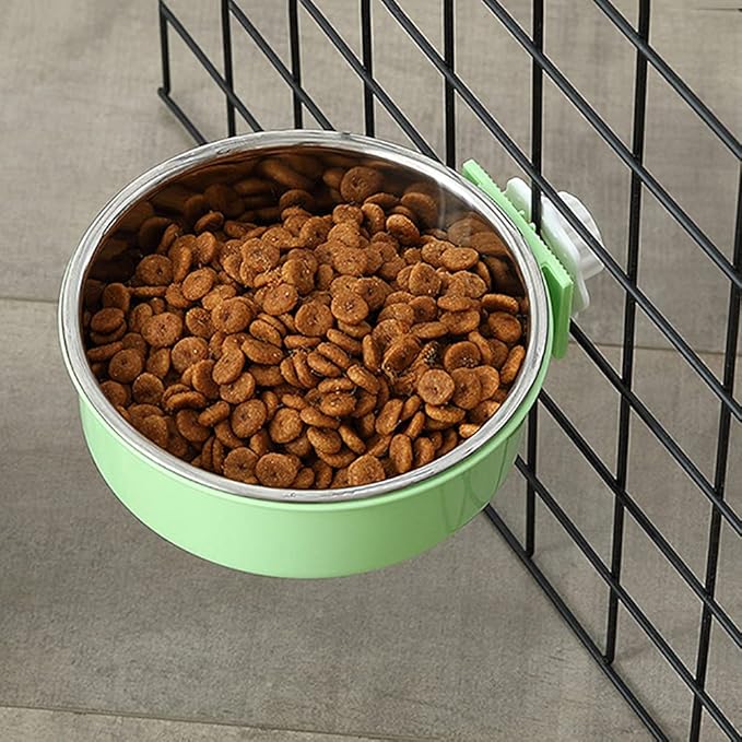 Love Dream Crate Dog Cat Bowl, Removable Stainless Steel Hanging Pet Cage, Food Water Feeder with Bolt for Puppy Birds 2 Pack with Silicone Sponge Dish Brush