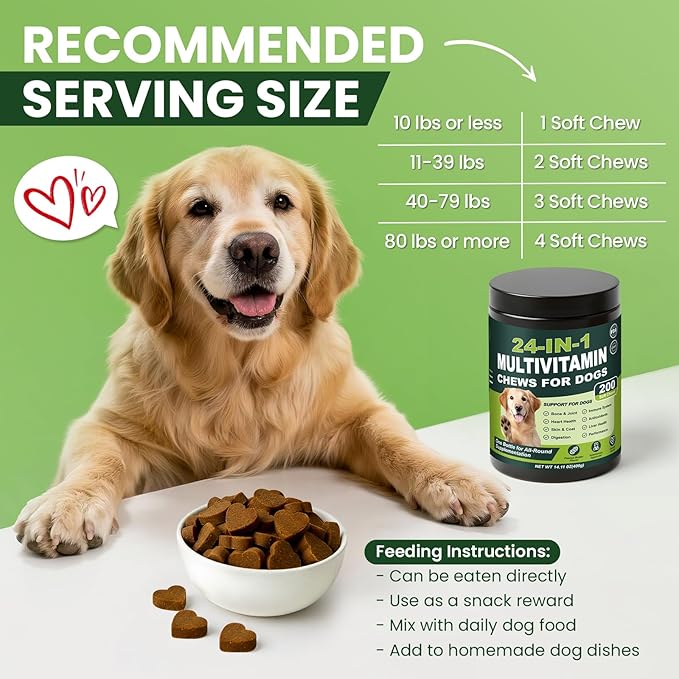 24-in-1 Dog Multivitamins Chewable, 200 Count Dog Vitamins and Supplements with Glucosamine Chondroitin Probiotics Omega-3 for Skin Coat Hip Joint Heart Liver Brain Eye Support - Peanut Butter