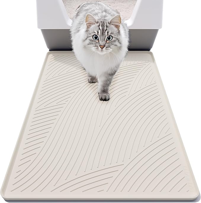 Cat Litter Box Mat - SM Small Medium Size 24 x 17 in, Water Proof, Kitty Litter Trapping Mat, Easy to Clean, Scatter Control, Odorless, Pet Supplies for Indoor Cats, Warm Beige