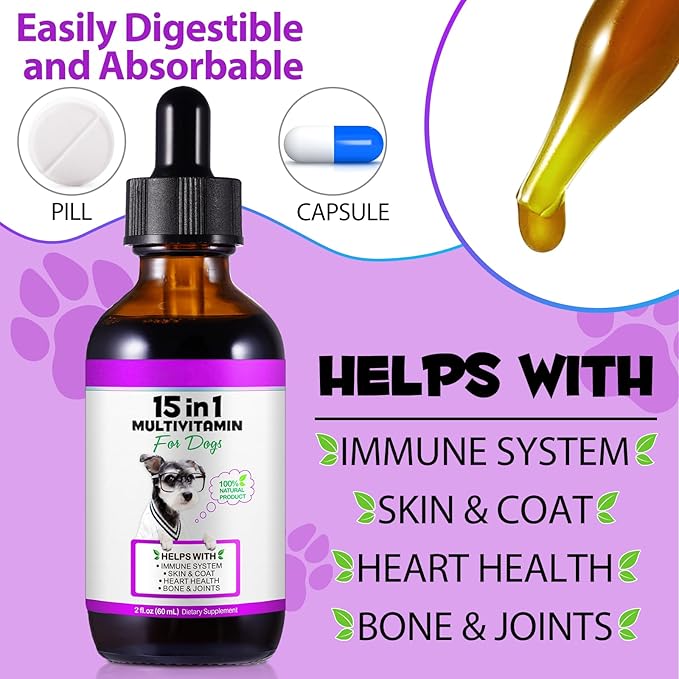 15-in-1 Dog Multivitamin Drops for Dogs | Liquid Multivitamin with Glucosamine, MSM & Omega for Joint, Heart, Immune & Skin Health | Easy Liquid Drops for Picky Eaters