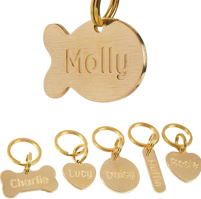 Solid Brass Personalized Dog Tags, Deep Engraved Pet ID Tag for Dogs and Cats, Heavy Duty Extra Thick Custom Name & Phone Number, Never Wear Off, Gift for Pets, 2 Polishing Pads Included (Fish)