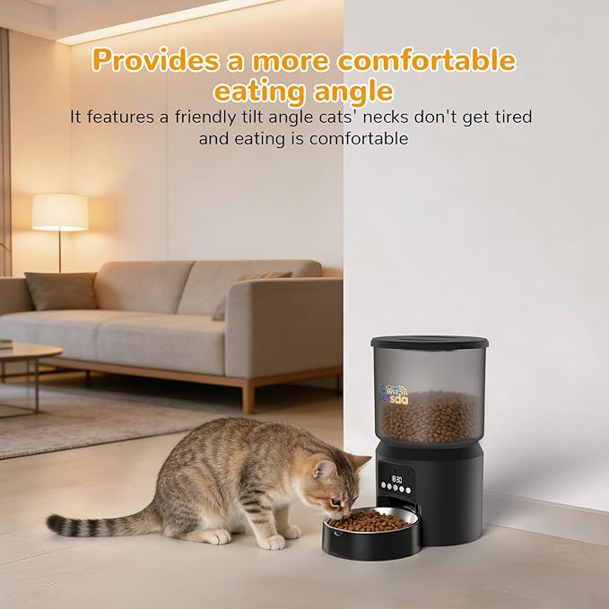 Automatic Cat Feeders, 4L Timed Cat Dry Food Dispenser Auto Pet Feeder for Cats and Small Dogs Dual Power Supply 9 Meals Programmable 1-15 Portion Per Day with Stainless Bowl Easy Clean
