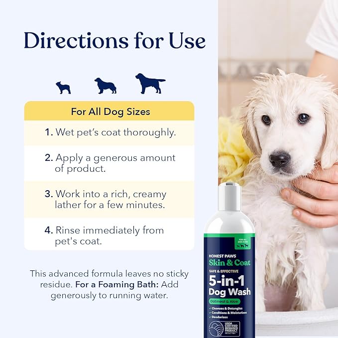 Honest Paws Dog Shampoo and Conditioner - Premium Dog Wash for Allergies and Dry, Itchy, Moisturizing for Sensitive Skin - Sulfate Free, Plant Based, All Natural - Oatmeal & Aloe -16 Fl Oz