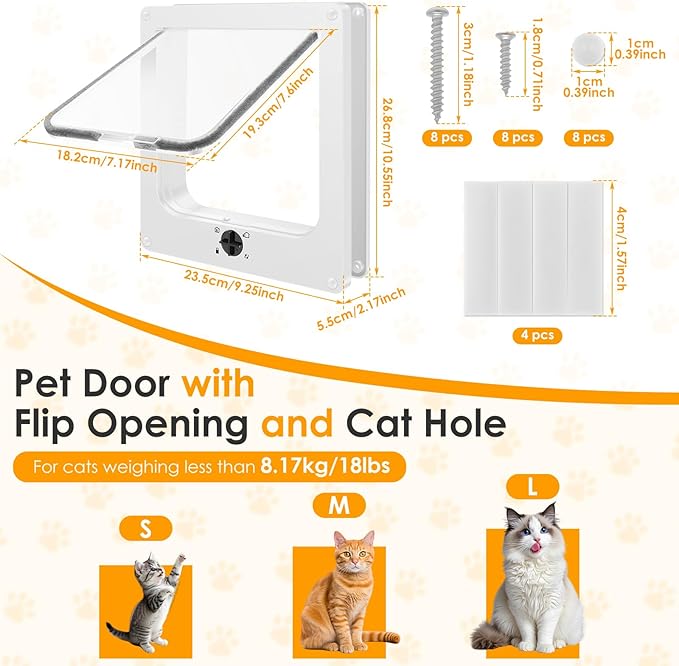 Cat Door Interior Door, 4-Way Lock Indoor Cat Doors, Magnetic Closure Reinforced Pet Doors for Cats up to 18 Lbs, Easy DIY Installation for Interior and Exterior Doors