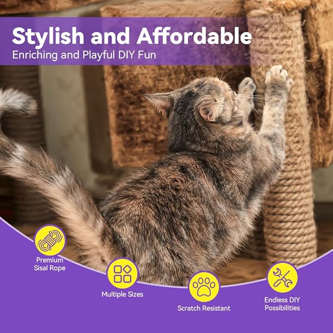Natural Sisal Rope for Cat Scratcher Replacement, Durable Cat Tree Post Repair Cord for DIY Projects, Climbing Towers, Furniture Protection, Scratch Pad, Crafts, Garden, and Home Décor Use