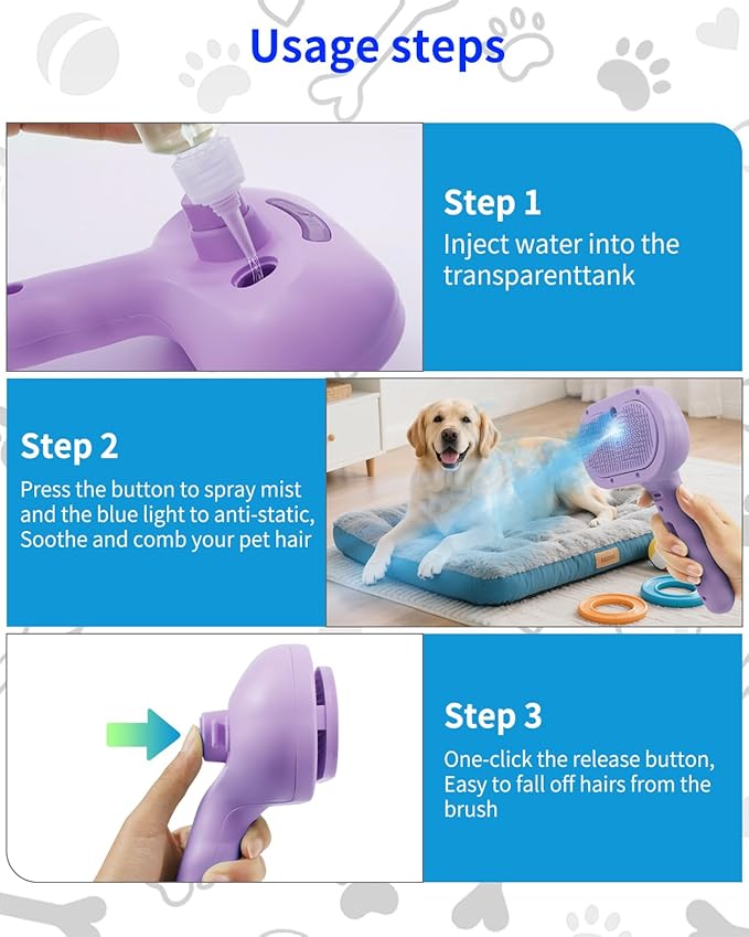 Dog Steam Brush 3 in 1 Cat Brushes with Steam, Release Button Grooming Brush for Pets Cats Dogs, Hair Removal Shedding for Small Animals Long Short Haired - Purple